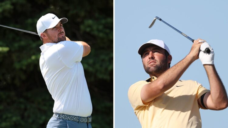 A split image of Chris Gotterup and Scottie Scheffler hitting tee shots on the PGA Tour