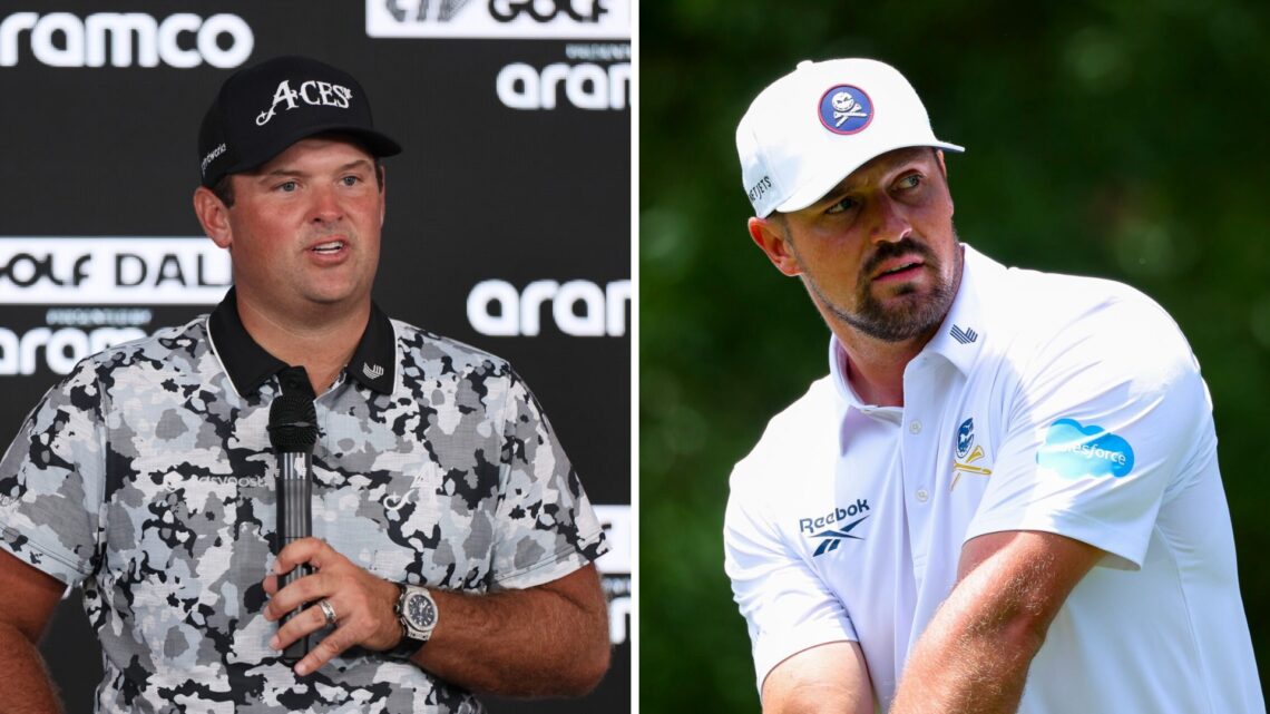 Patrick Reed addresses the media at Maridoe Golf Club after day two at LIV Dallas / Bryson DeChambeau of the United States lines up his shot from t...