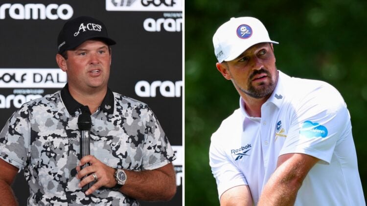 Patrick Reed addresses the media at Maridoe Golf Club after day two at LIV Dallas / Bryson DeChambeau of the United States lines up his shot from t...