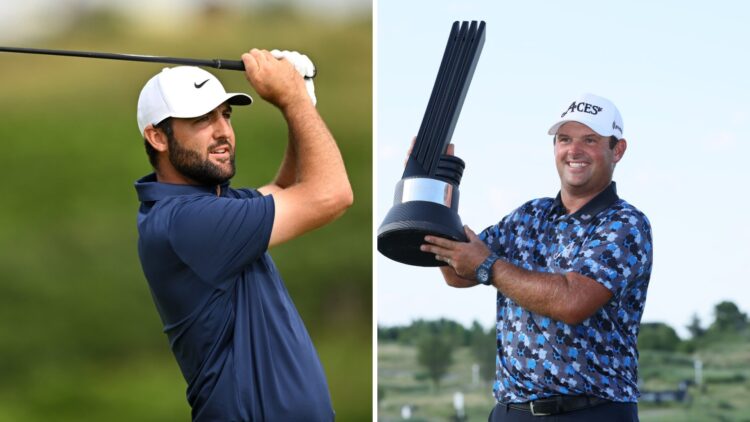 Scottie Scheffler hits an approach shot during the final round of The Open Championship at Royal Portrush / Patrick Reed lifts the trophy after win...