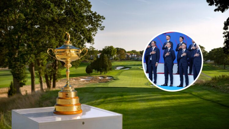 The Ryder Cup trophy is seen at the Bethpage Black Course ahead of the 2025 matchup between Team USA and Europe / Team USA sing the national anthem...