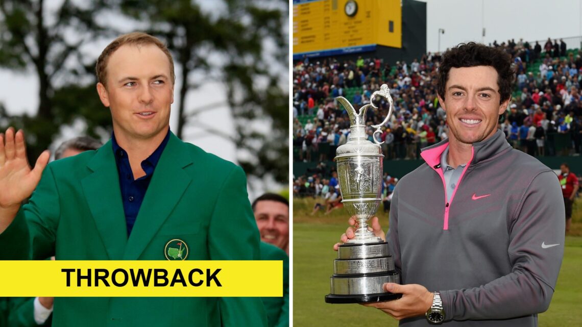 Split image of Jordan Spieth and Rory McIlroy with throwback label