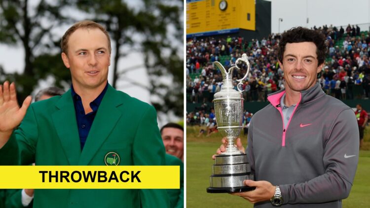 Split image of Jordan Spieth and Rory McIlroy with throwback label
