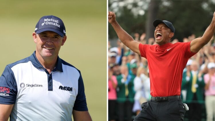 Padraig Harrington in a practice round at the Scottish Open / Tiger Woods celebrates after winning The Masters in 2019
