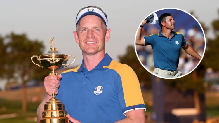 Luke Donald holds the 2023 Ryder Cup, inset Rory McIlroy celebrates at the 2023 Ryder Cup