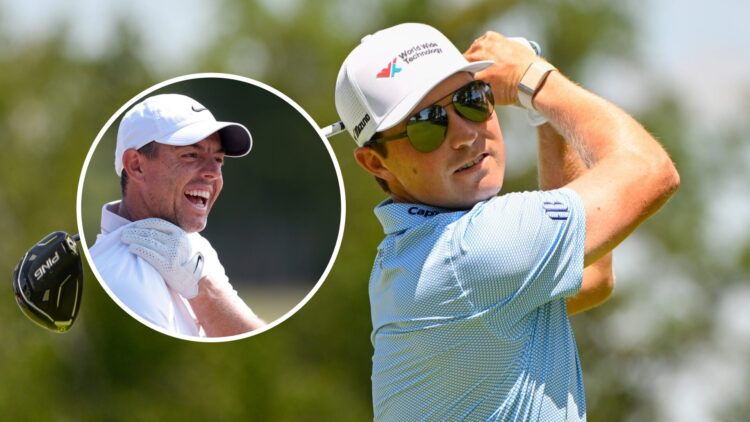 Ben Griffin hits a tee shot at the Rocket Classic, inset of Rory McIlroy