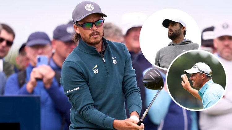 Scottie Scheffler on the range at The Open Championship at Royal Portrush / Rickie Fowler hits his tee shot on the 14th hole during round two of Th...