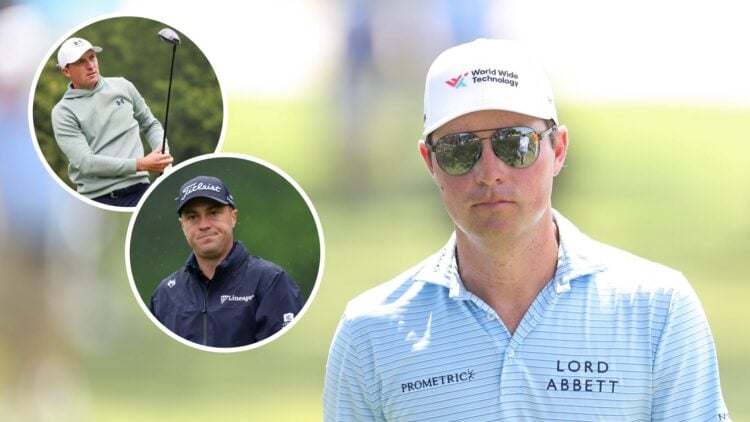 Justin Thomas walks in the rain in round two of The Memorial Tournament / Jordan Spieth hitting his driver at The Memorial Tournament / Ben Griffin...
