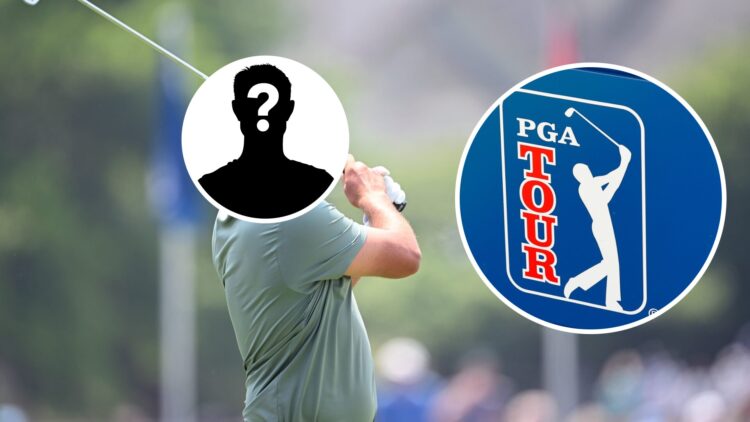 Brooks Koepka during the first round of the US Open, inset of the PGA Tour logo