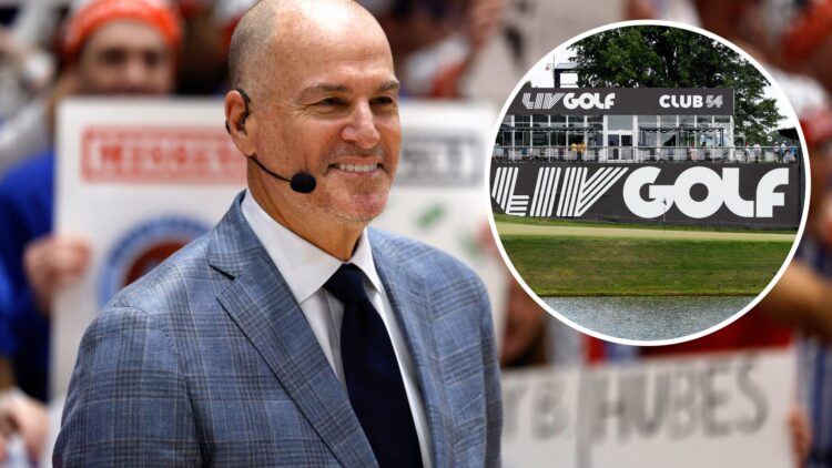 An image of Jay Bilas with an inset of LIV Golf signage