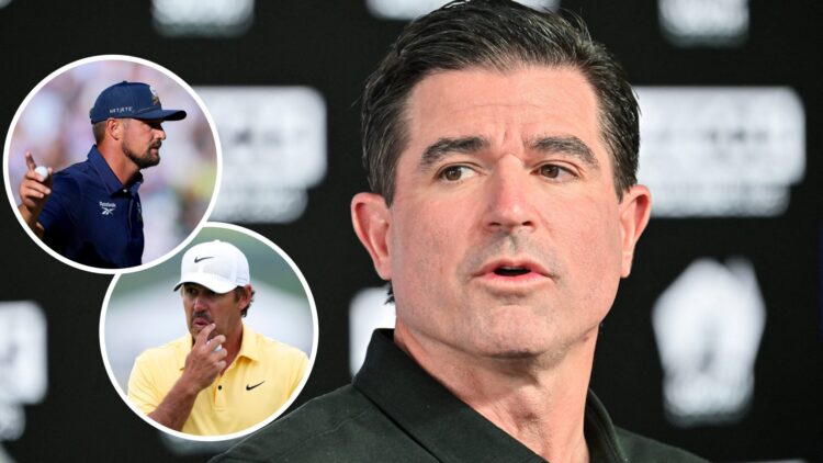 Scott O'Neil speaks to the media, insets of Bryson DeChambeau and Brooks Koepka