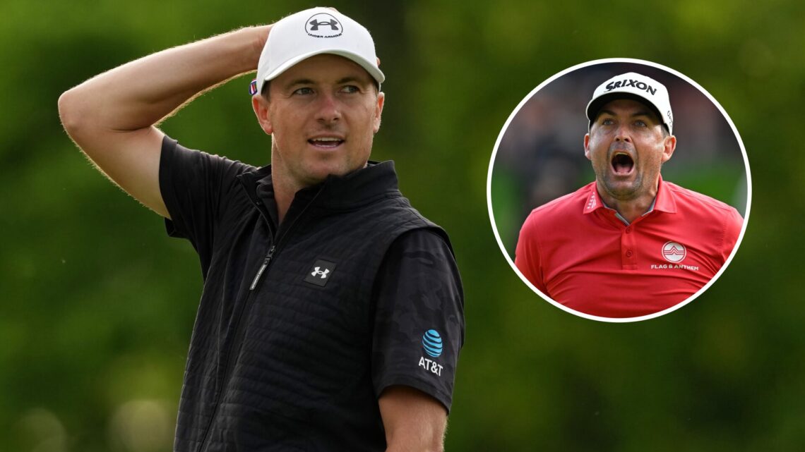 Jordan Spieth looks on during the 2025 Memorial Tournament, inset Keegan Bradley celebrates winning the 2025 Travelers Championship