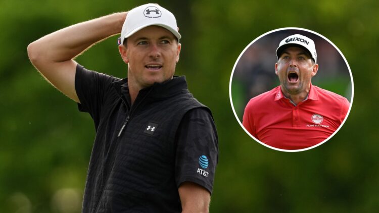 Jordan Spieth looks on during the 2025 Memorial Tournament, inset Keegan Bradley celebrates winning the 2025 Travelers Championship