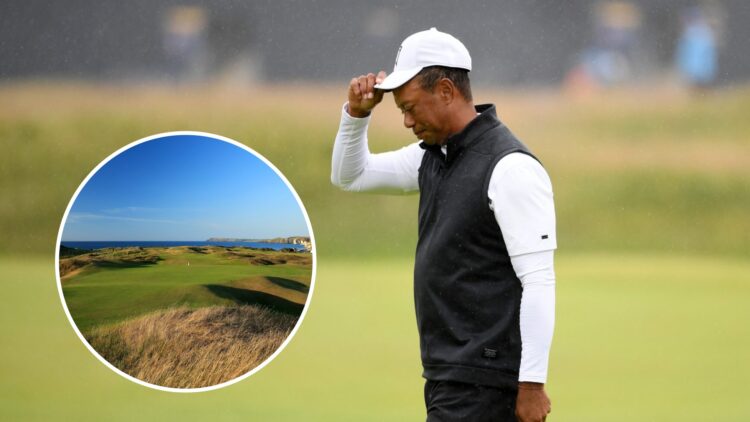 Tiger Woods plays at The Open Championship in 2019, inset of Royal Portrush in 2019