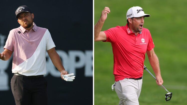 Xander Schauffele shrugs his shoulders at 2025 US Open / Keegan Bradley celebrates his winning putt on 18 at The Travelers