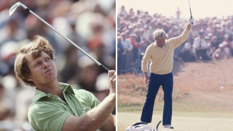 Tom Watson in action during the final round of The Open Championship at Turnberry in 1977 / Jack Nicklaus celebrates holing a putt during the final...