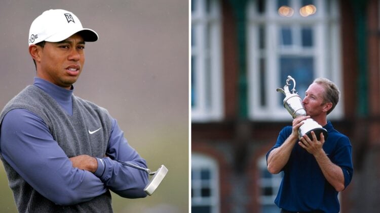 Tiger Woods looks on during the WGC Accenture Match Play event in 2007 / David Duval of the United States kissing the Claret Jug after winning The ...