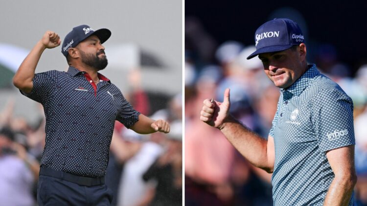 J.J. Spaun celebrates on the 18th green at Oakmont after winning the US Open / Keegan Bradley acknowledges the crowd during the final round of the ...