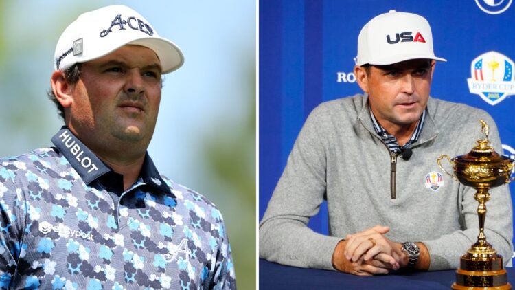 Split image of Patrick Reed playing at The Masters in 2025 (L) and Keegan Bradley sitting with the Ryder Cup trophy in 2024 (R)