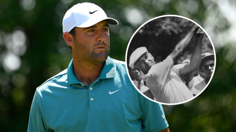 An image of Scottie Scheffler playing golf in 2025 with an inset of Ben Hogan swinging his driver