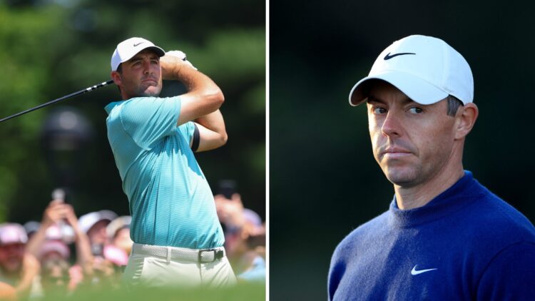 Scottie Scheffler hits his driver on the first hole at TPC River Highlands during the final round of the Travelers Championship / Rory McIlroy duri...