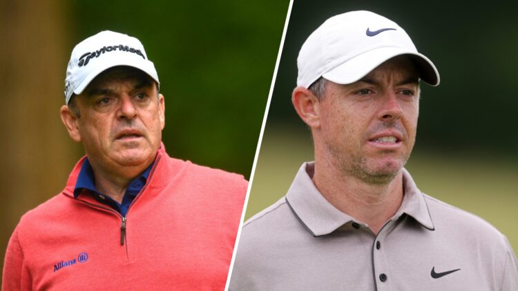 A split image of Paul McGinley playing golf in Ireland and Rory McIlroy playing the US Open at Oakmont