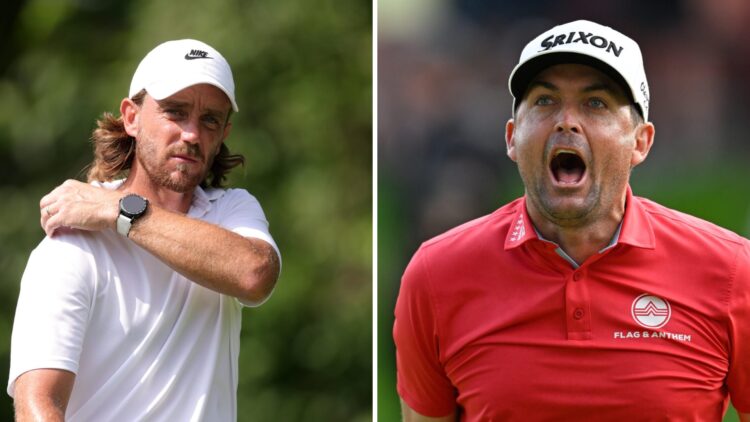 Tommy Fleetwood looks dejected during the final round of the Travelers Championship at TPC River Highlands / Keegan Bradley celebrates after winnin...