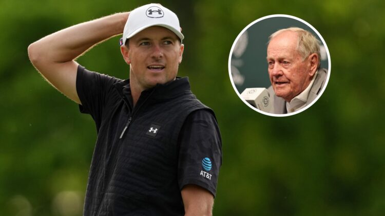 Jordan Spieth looks bemused during round three of the Memorial Tournament presented by Workday 2025 / Jack Nicklaus addresses the media ahead of th...
