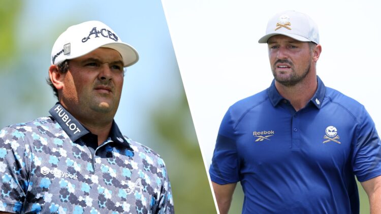 Patrick Reed in action during the third round of the 2025 Masters / Bryson DeChambeau walking the fairways during LIV Golf Dallas at Maridoe Golf Club