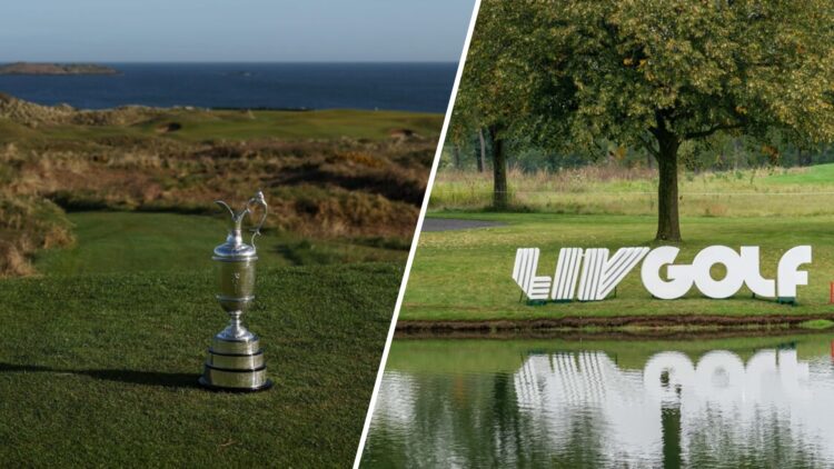 Split image of The Open Championship trophy at Royal Portrush in 2025 (L) and the LIV Golf logo at LIV Golf Chicago 2023 (R)