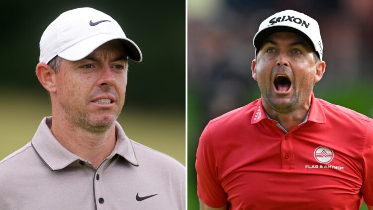 A split image of Rory McIlroy and Keegan Bradley both playing on the PGA Tour in 2025