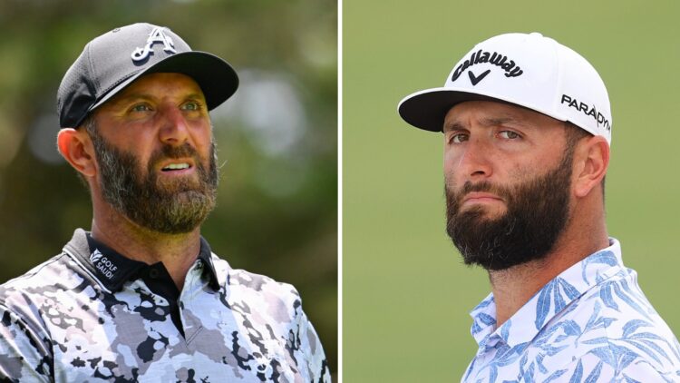 Dustin Johnson looks on during day one of LIV Golf Virginia / Jon Rahm in action during the third round of the DP World Tour Championship
