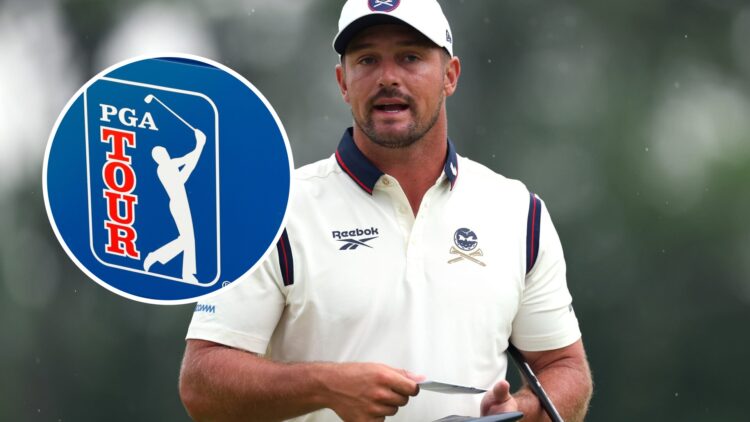 An image of Bryson DeChambeau playing in the US Open at Oakmont with inset of the PGA Tour logo