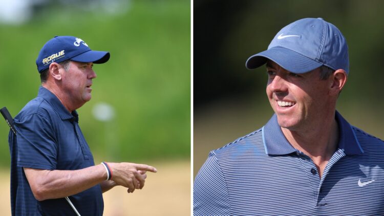 Rich Beem in action at The Senior Open Presented by Rolex at Gleneagles in 2022 / Rory McIlroy looks on after hitting an iron shot in round two of ...