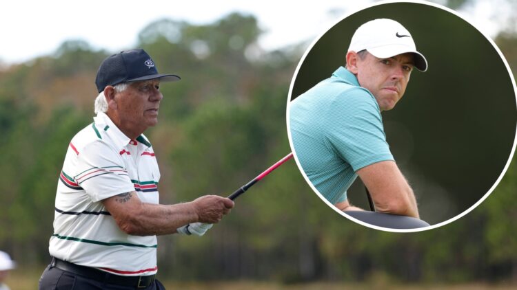 Lee Trevino hits a tee shot at the PNC Championship, inset of Rory McIlroy