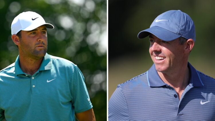A split image of Scottie Scheffler and Rory McIlroy playing golf on the PGA Tour in 2025