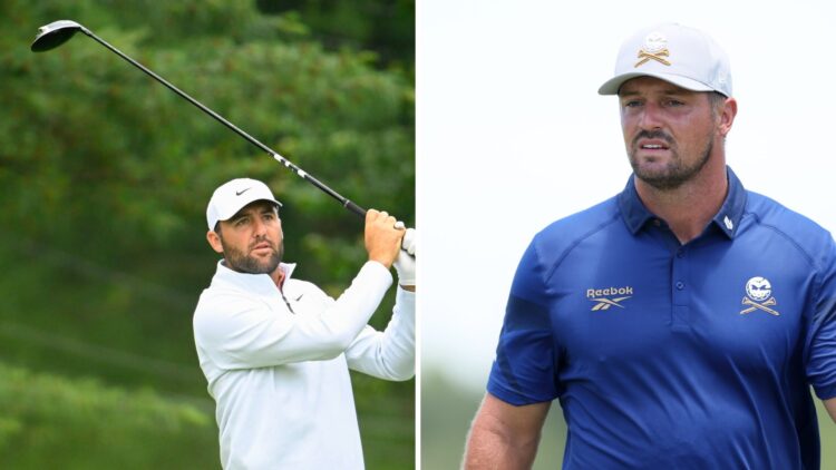 Scottie Scheffler tees off during his practice round ahead of the Travelers Championship / Bryson DeChambeau walking the fairways during LIV Golf D...