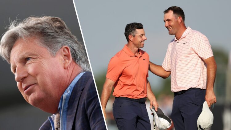 Split image of Brandel Chamblee looking on ahead of the 2023 US Women’s Open (L) and Rory McIlroy and Scottie Scheffler embracing at the 2024 US Op...