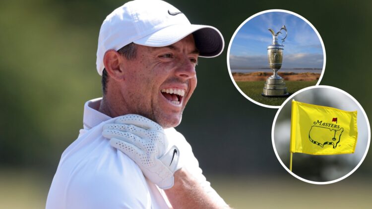 An image of the iconic Masters flag / Rory McIlroy laughs during the Genesis Scottish Open 2025 / The Claret Jug pictured ahead of the The 151st Op...