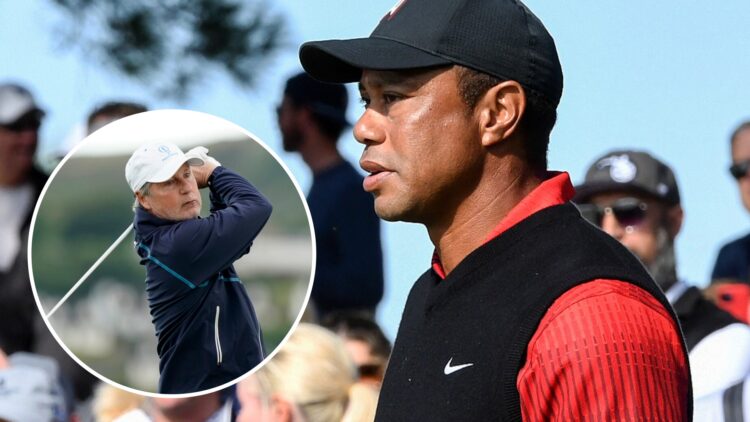 Tiger Woods looks on during the final round of the 2022 PNC Championship, inset Brandel Chamblee plays at the 2022 Irish Legends