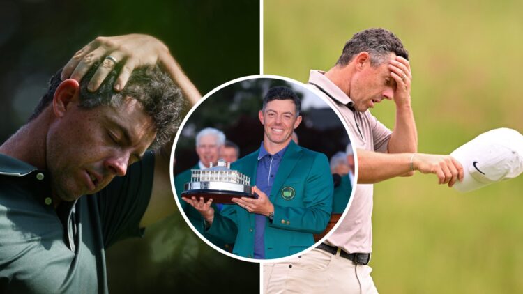 Split image of Rory McIlroy at the PGA Championship and the US Open, inset of McIlroy holding The Masters trophy