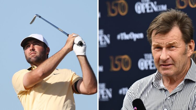 Scottie Scheffler in action at the Genesis Scottish Open 2025 / Nick Faldo speaking ahead of the 150th Open in Scotland