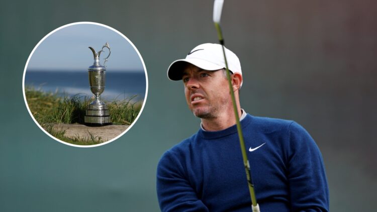 Rory McIlroy plays a practice round ahead of The Open Championship in 2025, inset the Claret Jug sits at Royal Portrush in 2025