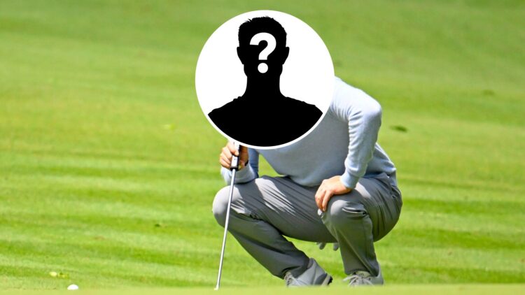 Patrick Cantlay (covered by a mystery symbol) plays at the 2025 Travelers Championship
