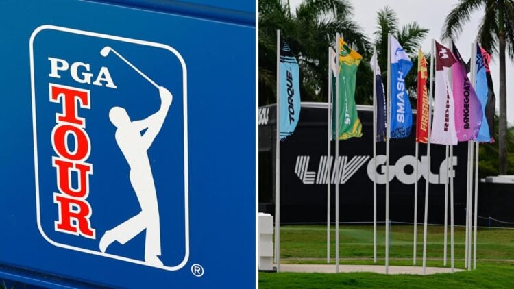 Split image of the PGA Tour logo at the 2023 Travelers Championship (L) and LIV Golf Miami signage at Trump National Doral in 2025 (R)