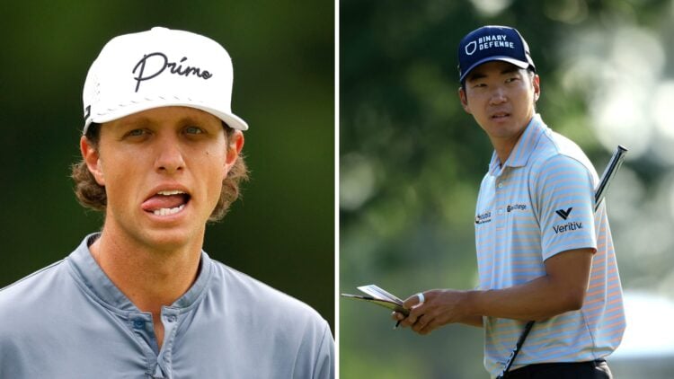 Grant Horvat in action during the BMW Charity Pro-Am presented by TD SYNNEX 2025 / Michael Kim in action at the Myrtle Beach Classic in 2024