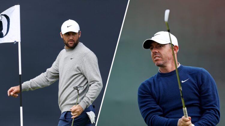 Split image of Scottie Scheffler (L) and Rory McIlroy (R) practicing ahead of The Open Championship in 2025