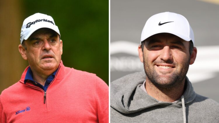 Paul McGinley in action at the JP McManus Pro-Am / Scottie Scheffler playing a practice round at the Scottish Open in 2025