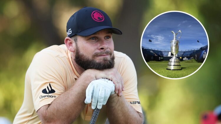 Tyrrell Hatton looks on at the DP World Tour Championship 2024, inset the Claret Jug sits at Royal Portrush in 2025