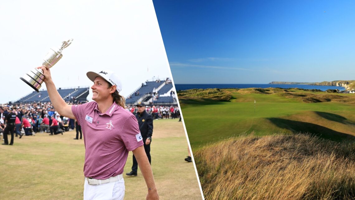 Split image of Cam Smith celebrating with the Claret Jug at The Open Championship in 2022 (L) and a general view of Royal Portrush in 2018 (R)